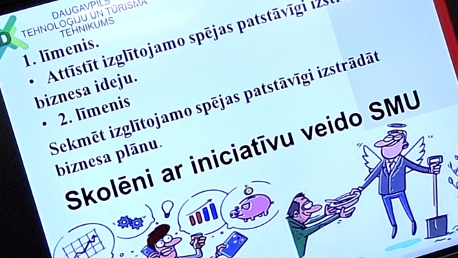 Prezentācijas slaids par moduļa “Iniciatīva un uzņēmējdarbība” mērķiem un līmeņiem.