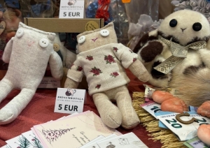 Skolēnu mācību uzņēmuma “Brīnumrotaļa” darinātās tekstila rotaļlietas un informatīvie materiāli uz tirdzniecības galda.